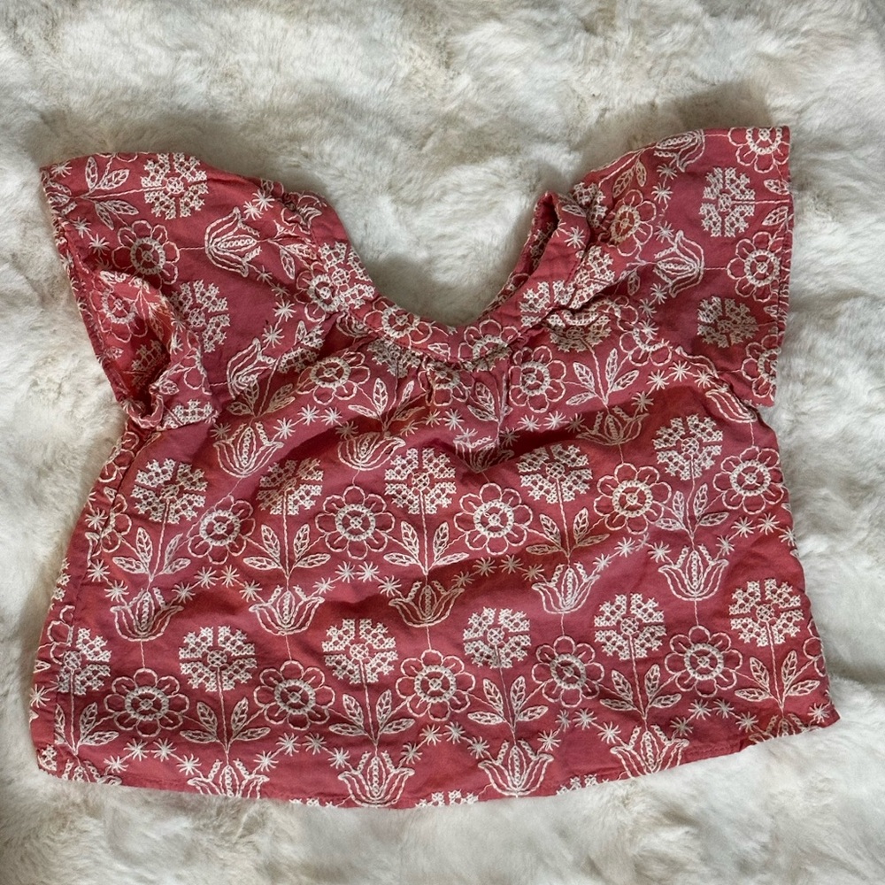 ZARA Embroidered Back-Button Blouse – Light Coral